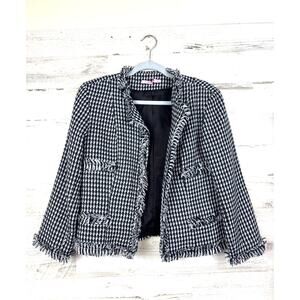 Vickie Vi Women 12 Black White Houndstooth Tweed Fringe Work Blazer Jacket